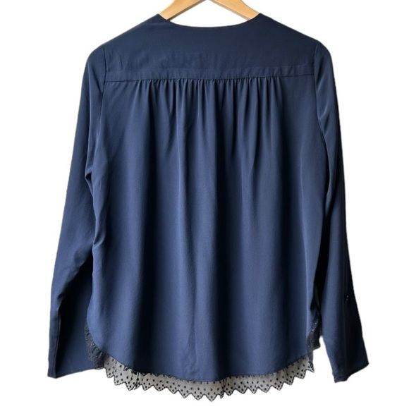 Zadig & Voltaire Tranoi navy silk top with black hem Blue lace trim blouse Sz M - Picture 8 of 14